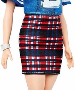 Barbie Fashionistas Puppe im blauen Glitzeroberteil und Rock, mit Karomuster1.jpg